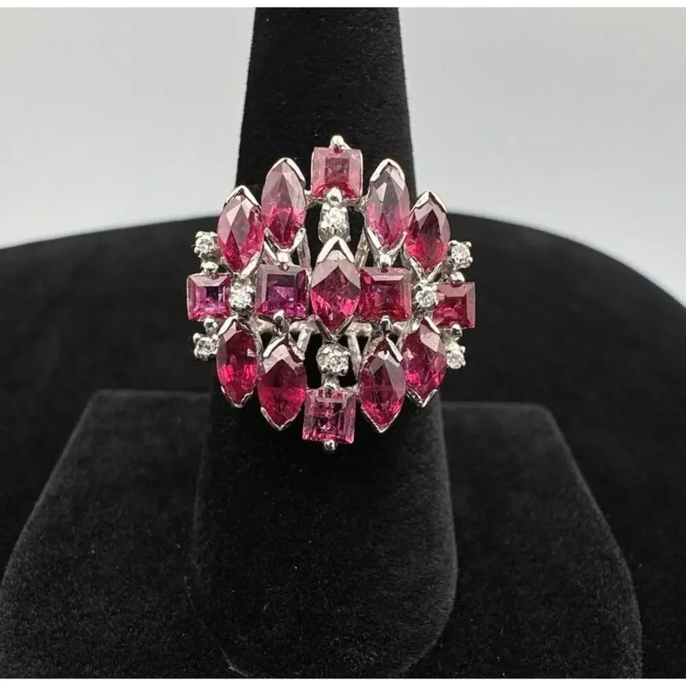 Vintage 18K White Gold Ruby Diamond Old Hollywood Dome Cluster Cocktail Ring 8.7